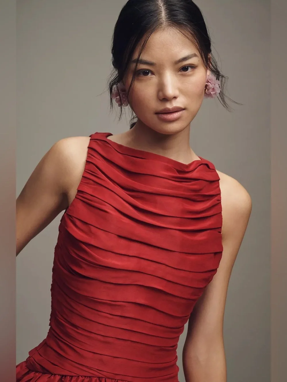 NWT Anthropologie Lovaan Val Linen Silk Pleated Midi Dress Red - Picture 3 of 9